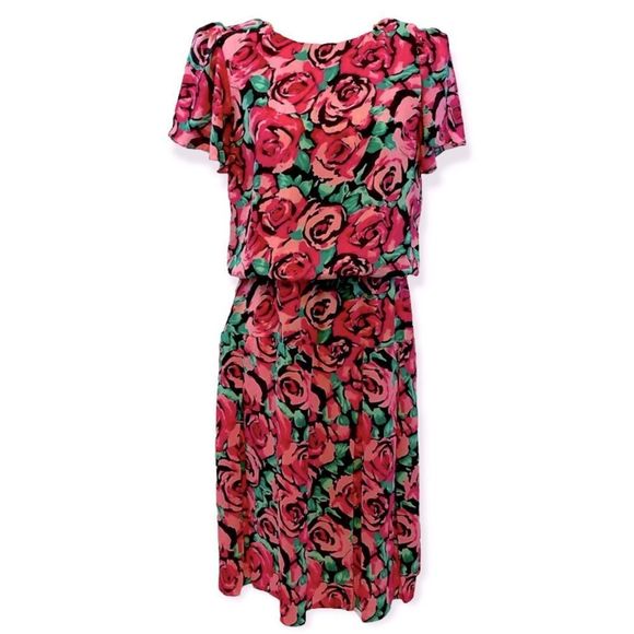 Vintage Dresses & Skirts - Vintage 80s Dress Black & Pink Midi Floral Roses Size 14